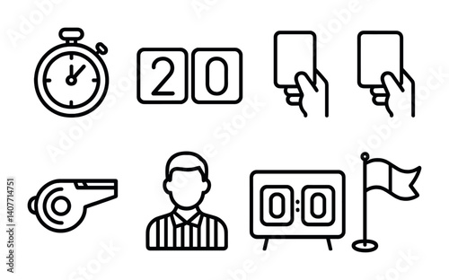 Sports referee icons: stopwatch, scoreboard, cards, whistle, referee, flag.