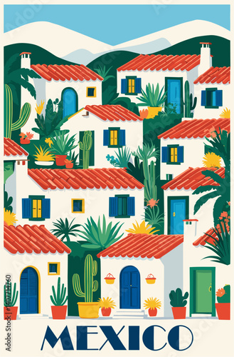 Mexico travel destination poster in retro style with cute childish cartoon houses with cactuses. Colorful vector illustration
