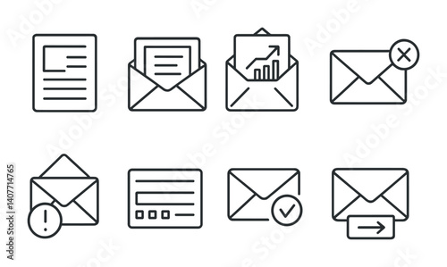 Set of eight outline email icons with envelopes and mail notifications.