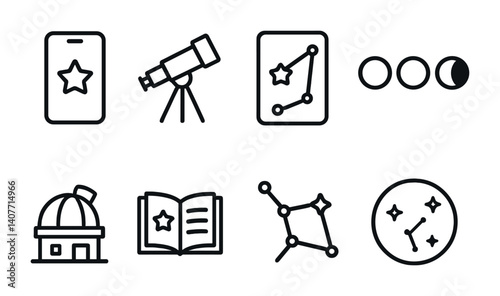 Astronomy icons set: telescope, constellations, observatory, moon phases.