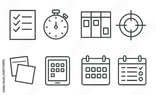 Line art icons for task management and productivity tools.