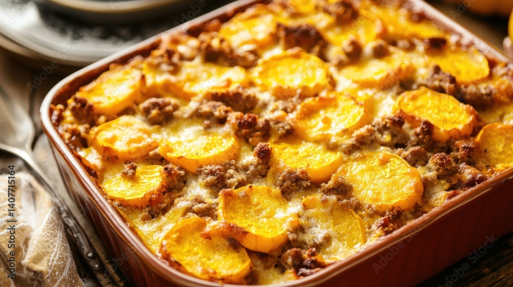 A delicious baked dish featuring golden cheese and colorful ingredients, presented in a rustic dish, inviting appetite. A delicious baked dish featuring golden cheese and colorful ingredients, presented in a rustic dish, inviting appetite.