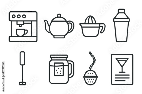 Collection of beverage preparation icons: coffee maker, teapot, juicer, shaker, frother, mason jar, tea infuser, menu.