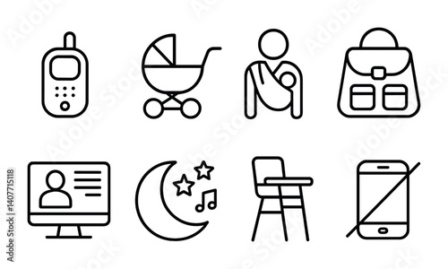 Baby essentials icons: stroller, babywearing, baby monitor, high chair, diaper bag, crib mobile.