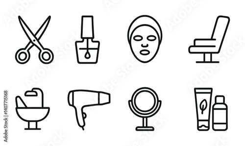 Icons of scissors, nail polish, face mask, chair, bathtub, hair dryer, mirror, cosmetics.