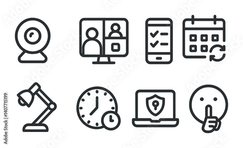 Webcam video call checklist calendar lamp clock security silence icons.