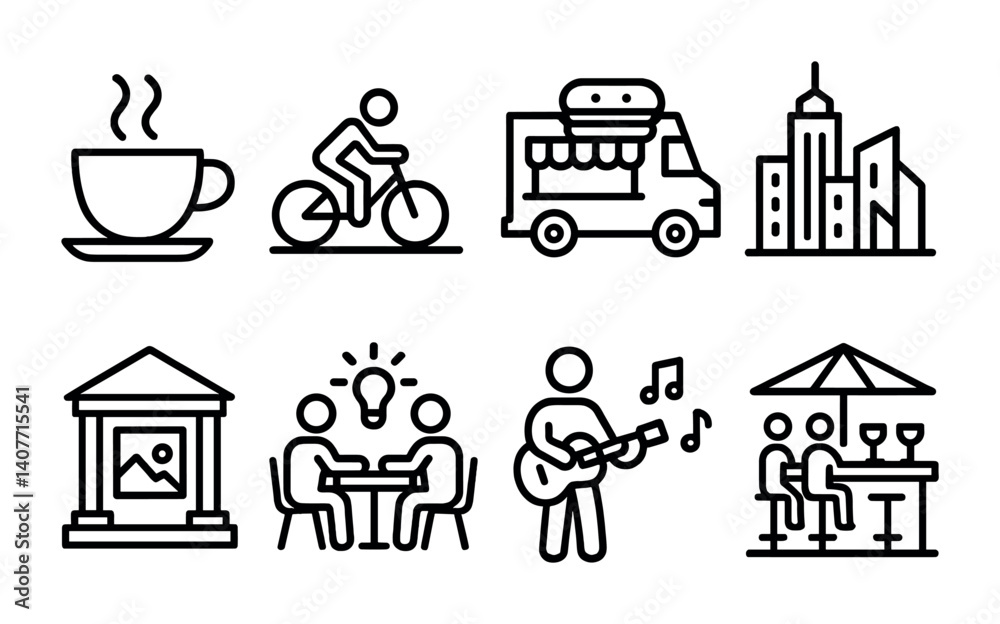 Obraz premium Line art icons of coffee, cycling, food truck, cityscape, museum, meeting, musician, outdoor dining.