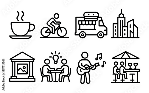 Line art icons of coffee, cycling, food truck, cityscape, museum, meeting, musician, outdoor dining.