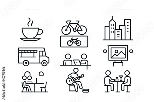 Urban icons set with coffee, bicycle, cityscape, work, dining, and music themes.