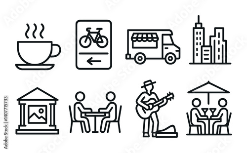 City icons: coffee, cycling, food truck, skyline, museum, meetings, music, dining.