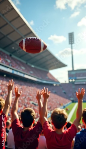 Fans Reaching for a Football Soaring Above Them in a Packed Stadium, Capturing the Thrill of the Game