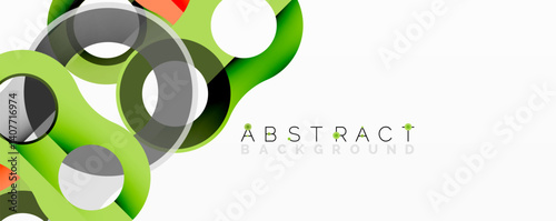 Dynamic composition features overlapping circles, vibrant green hues dominate. Black, gray, red accents add depth. Modern design suggests movement, energy, sleekness. Abstract background ideal for dig