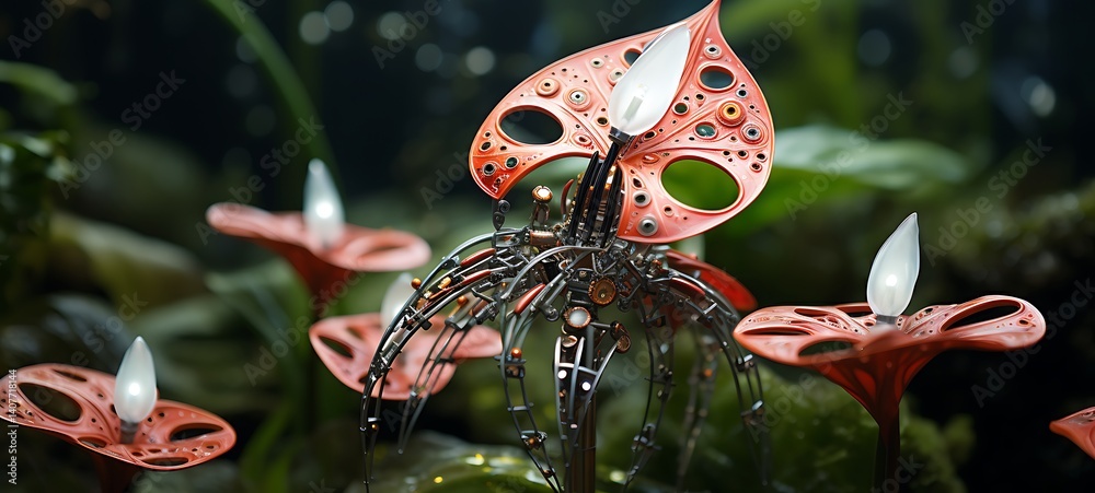 Naklejka premium Paper quilling anthurium Nano Robot full body in a sea of diamonds ,ai generative