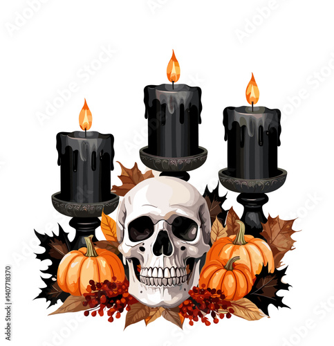 A skull is surrounded by candles and pumpkins, creating a spooky and eerie atmosphere. The candles are lit, casting a warm glow over the scene. The pumpkins add a touch of Halloween to the image