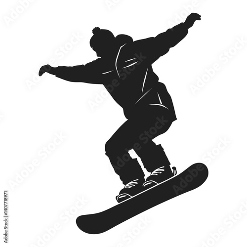 A dynamic black silhouette of a snowboarder in mid-air, showcasing a powerful and graceful moment during a snowboard jump.
