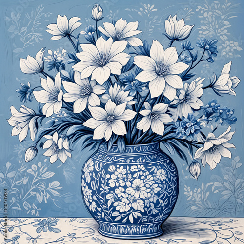 Flowers in a porcelain vase. Modern blue and white watercolor with abstract brushstrokes and soft, elegant monochrome tones.