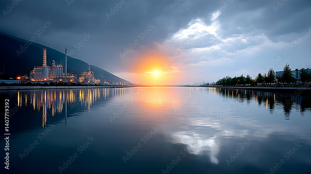 Industrial plant reflected in calm water at sunset Industrial plant reflected in calm water at sunset