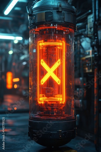 Retro glowing Nixie tube lamp indicator with X design, vintage gas-discharge display on dark background
