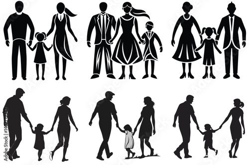 Create a minimalist black silhouette illustration of a family, featuring a father, mother, and child holding hands or standing together in a heartwarming pose. The design should be clean, simple, and 
