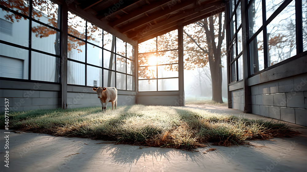 Fototapeta premium Lone calf in a sunlit, grassy enclosure within a rustic building