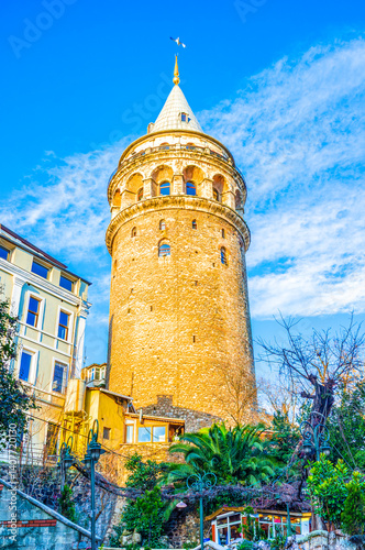 Obraz na płótnie Galata Tower in the Galata (Karakoy) quarter, surrounded by small garden, Istanbul, Turkey w salonie