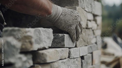 Mason finishing a stone wall with precise detailing. Featuring craftsmanship and finesse