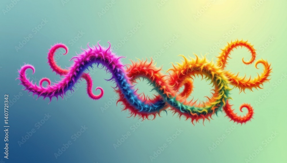 Fototapeta premium Organic Forms Illustrate a flowing organic structure made of vibrant, furry tendrils that twist and turn against a gradient background.