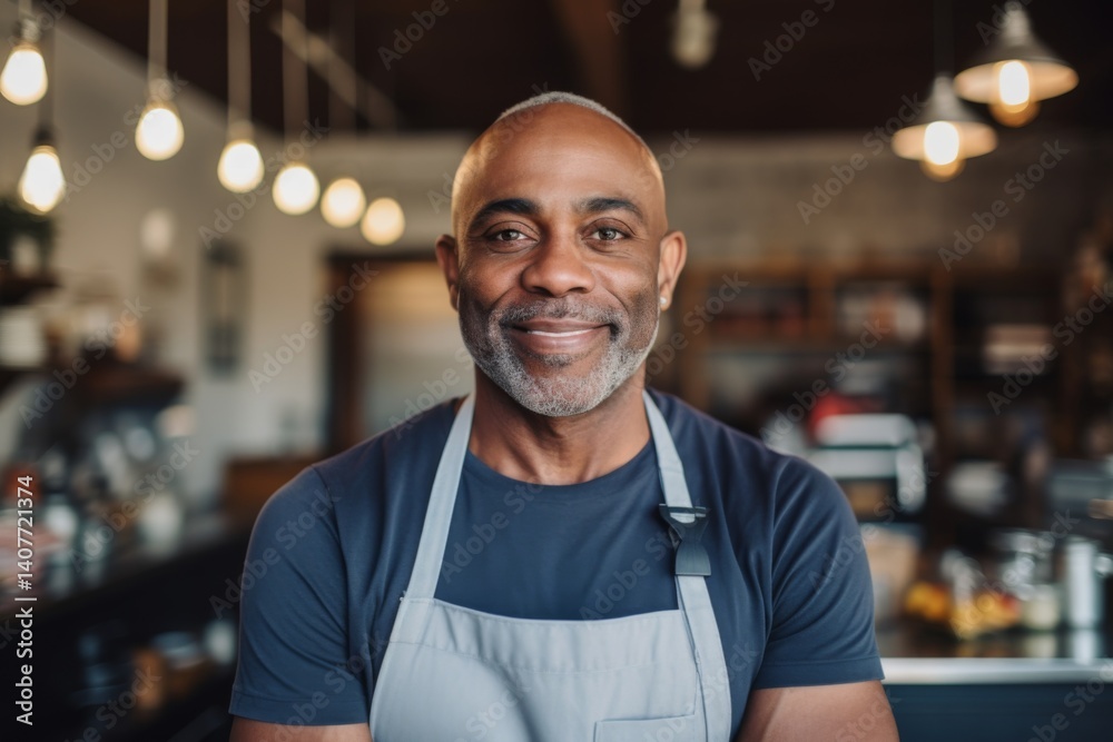 Smiling portrait of a middle aged African American small and local restaurant owner looking at camera Smiling portrait of a middle aged African American small and local restaurant owner looking at camera