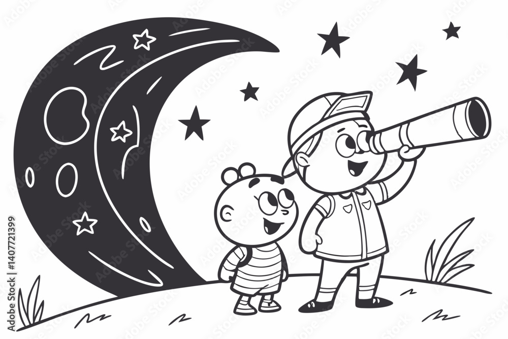 Naklejka premium kids coloring page, a crescent moon and sparkling stars, cartoonish, friendly, thick outlines