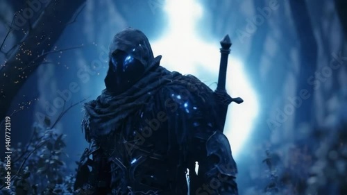 Dark Fantasy Knight in Blue Glowing Armor with Sword