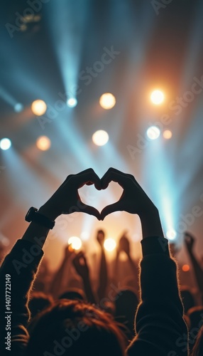 A silhouette of hands creating a heart shape stands out against a vibrant concert backdrop filled with colorful lights. This electrifying moment captures the essence of love and unity among the crowd