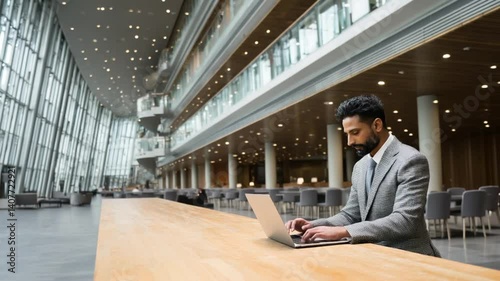 Young Indian Businessman Working on Laptop in Modern Office Lobby Generative AI