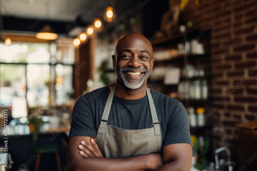 Smiling portrait of a middle aged African American small and local restaurant owner looking at camera Smiling portrait of a middle aged African American small and local restaurant owner looking at camera