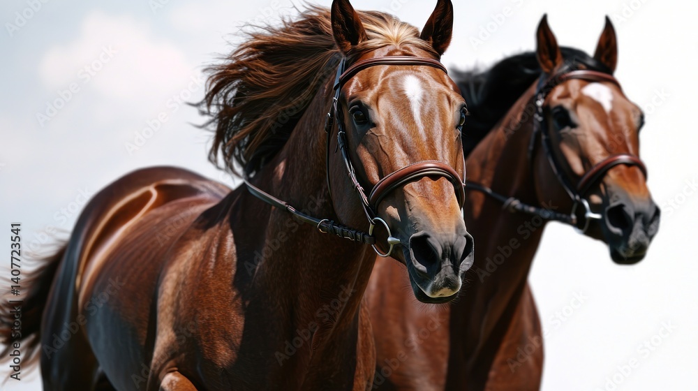 Two Running Horses, Open Field, Cloudy Sky, Equestrian Sport Two Running Horses, Open Field, Cloudy Sky, Equestrian Sport