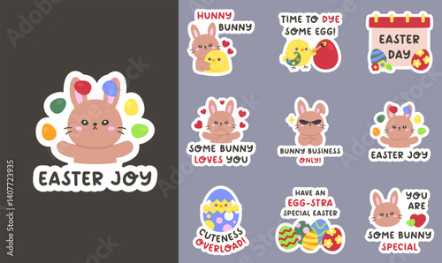 Cute Easter Sticker Set with Bunny Quotes and Adorable Characters in Flat Cartoon Style