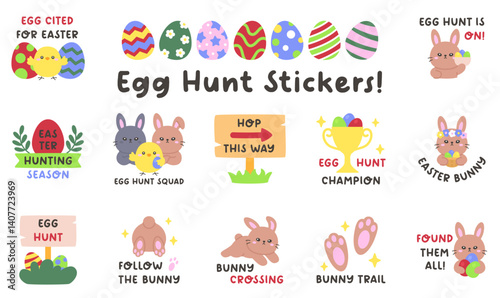 Cute Easter Egg Hunt Quote Sticker Set in Pastel Cartoon Style