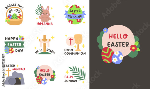 Religious Easter Quote Sticker Set in Cute Cartoon Style