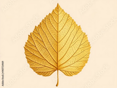 A bold golden poplar leaf with intricate veins, centered on a solid soft beige background
