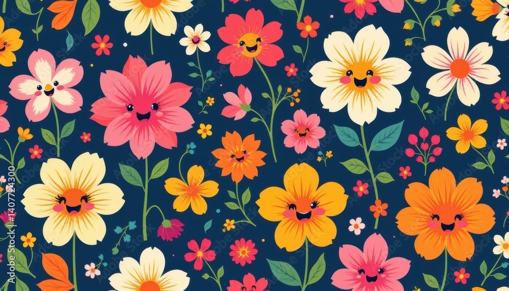Playful Floral Characters Visualize a playful pattern where flowers have cute, cartoonish faces, adding a fun touch to the navy background.