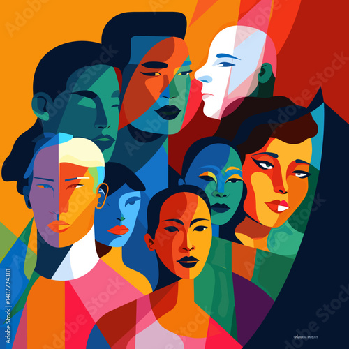 Vector illustration depicting a group of people representing different social strata of society. Each character has unique features - clothing style, accessories, facial expression, pose or status. 