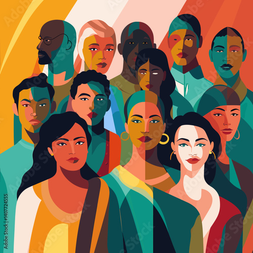 Vector illustration depicting a group of people representing different social strata of society. Each character has unique features - clothing style, accessories, facial expression, pose or status. 