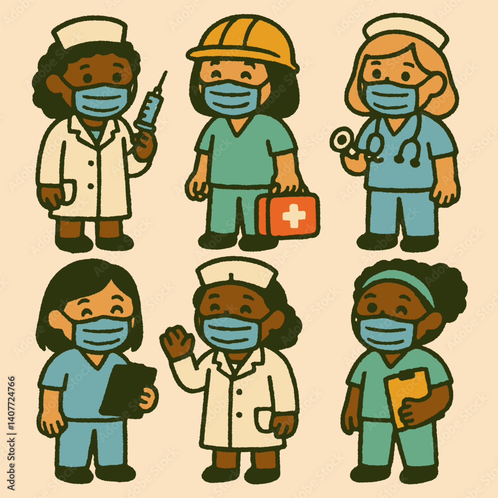 Six smiling multiracial medical workers in active poses and gear, ideal for diversity campaigns, pediatric materials, hospital walls, and health-related educational resources.
Six smiling multiracial medical workers in active poses and gear, ideal for diversity campaigns, pediatric materials, hospital walls, and health-related educational resources.