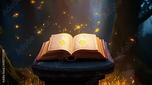 Open Book Glowing with Magic Embers in Fantasy World Scene