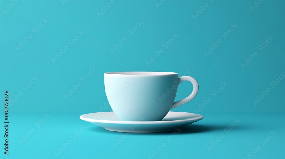 White coffee cup resting on matching saucer against vibrant teal backdrop White coffee cup resting on matching saucer against vibrant teal backdrop