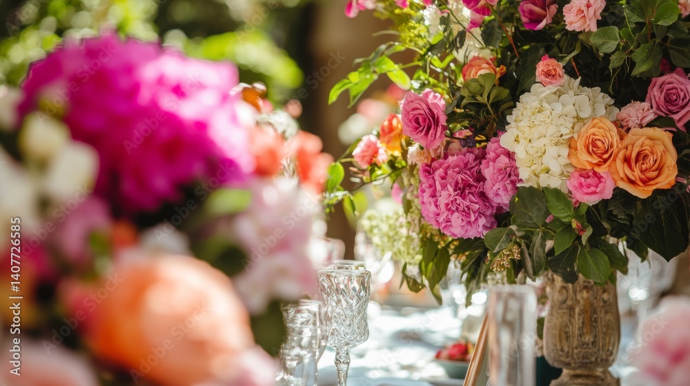 Stunning floral arrangements fill the table. Vibrant colors captivate the senses. A perfect touch of elegance and beauty for any occasion. Generative AI