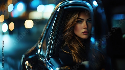 Nighttime Elegance: A Woman's Mysterious Gaze from Within a Luxurious Car