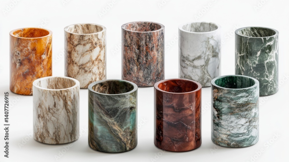 Elegant collection of colorful stone cups arranged beautifully. These unique design pieces enhance any decor and serve multiple purposes. Perfect for home or office use. Generative AI