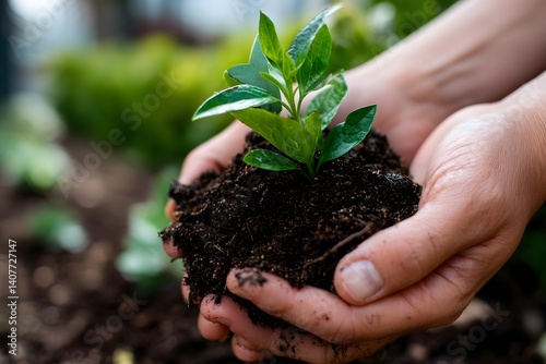 Hands Holding Fresh Plant Seedling in Rich Soil Outdoors