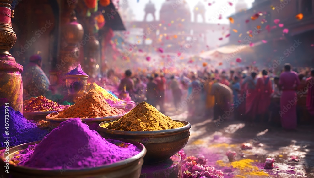 Fototapeta premium A festive scene of a Holi celebration, with colorful powder in bowls and people celebrating