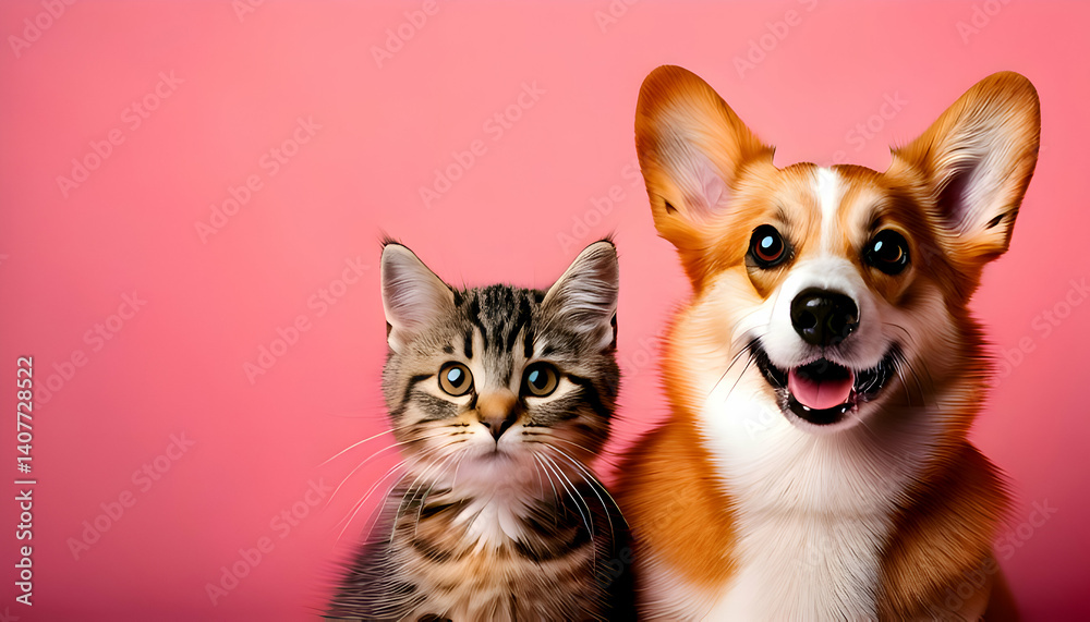 Unlikely Friendship: A curious kitten and happy corgi dog form an adorable duo against a lovely pastel backdrop, embodying friendship and companionship Unlikely Friendship: A curious kitten and happy corgi dog form an adorable duo against a lovely pastel backdrop, embodying friendship and companionship